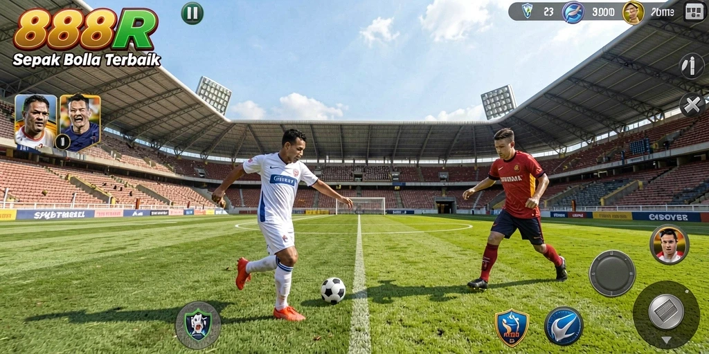 Tampilan gameplay 888R menampilkan aksi pertandingan sepak bola yang seru.
