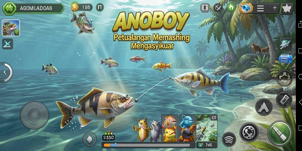 Screenshot gameplay ANOBOY menampilkan aksi memancing yang seru dan grafis yang menakjubkan.