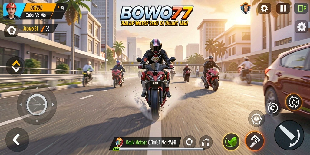 Tampilan gameplay seru dalam BOWO77 dengan balapan motor yang mendebarkan.