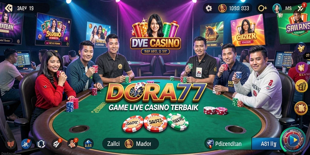 Screenshot gameplay DORA77 menampilkan dealer dan meja permainan Live Casino.
