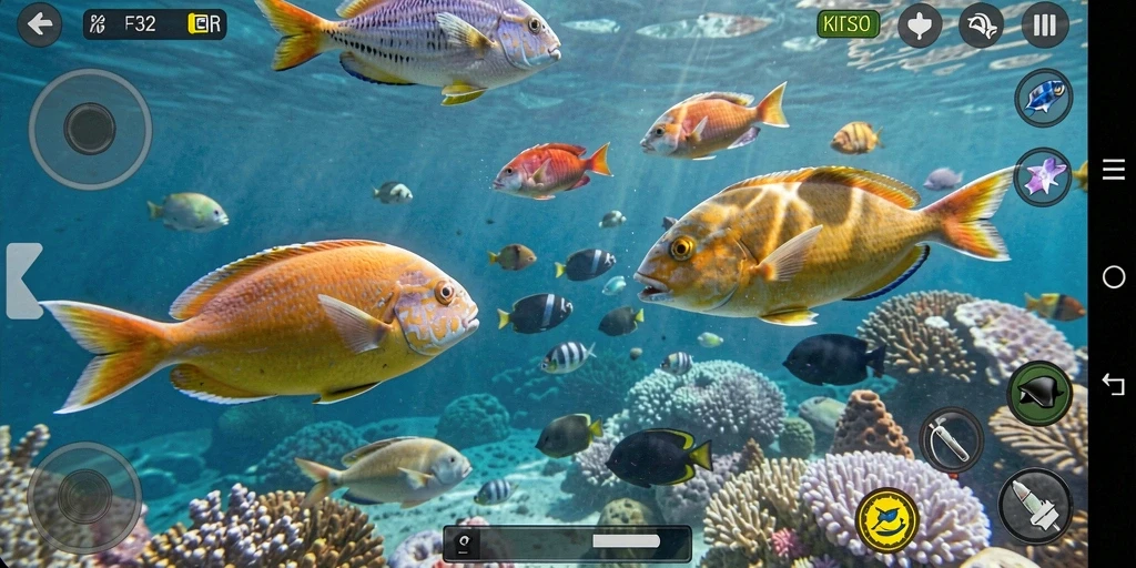Gameplay F32 dengan aksi menembak ikan yang seru.