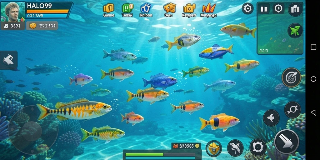 Tampilan gameplay seru dari HALO99, menembak ikan dengan berbagai senjata.