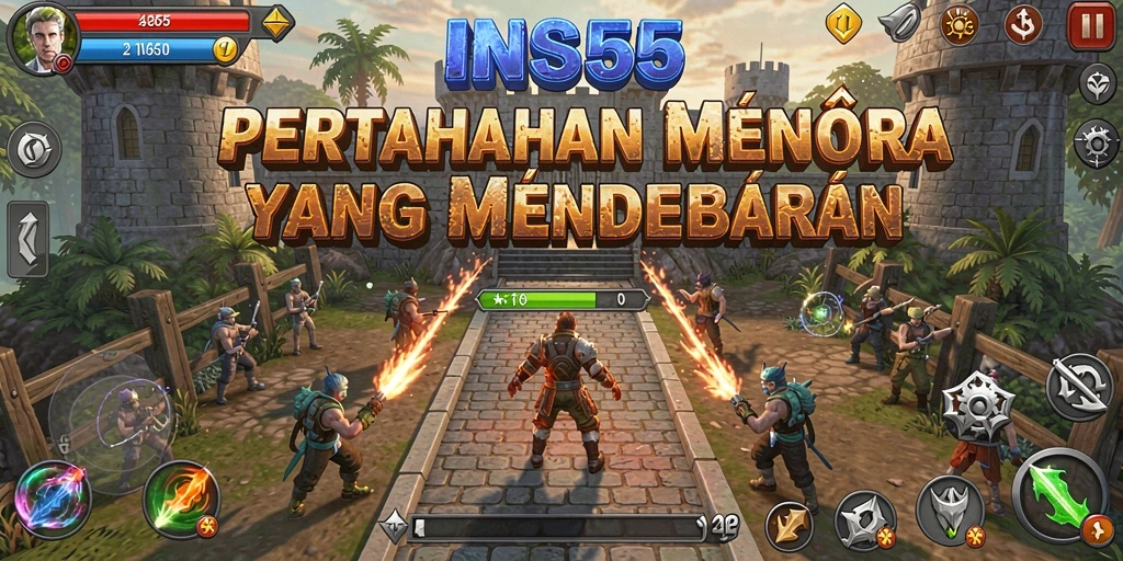 Screenshot gameplay <strong>INS55</strong> menampilkan aksi menara bertahan yang mendebarkan.