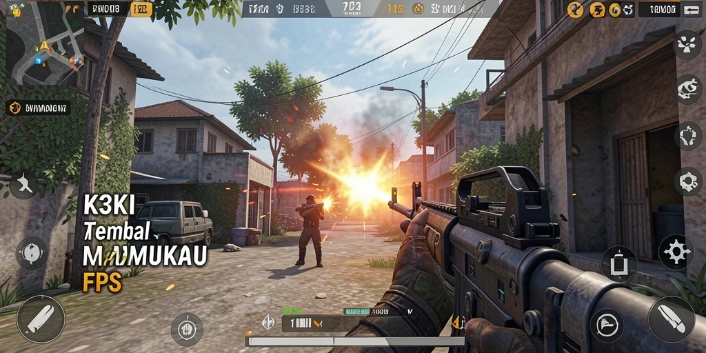 Screenshot gameplay K3K3 dengan aksi tembak yang mendebarkan.