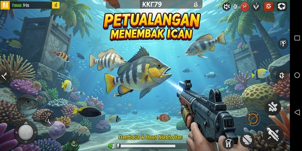 Tampilan gameplay KPK79 dengan berbagai ikan yang bisa ditembak.