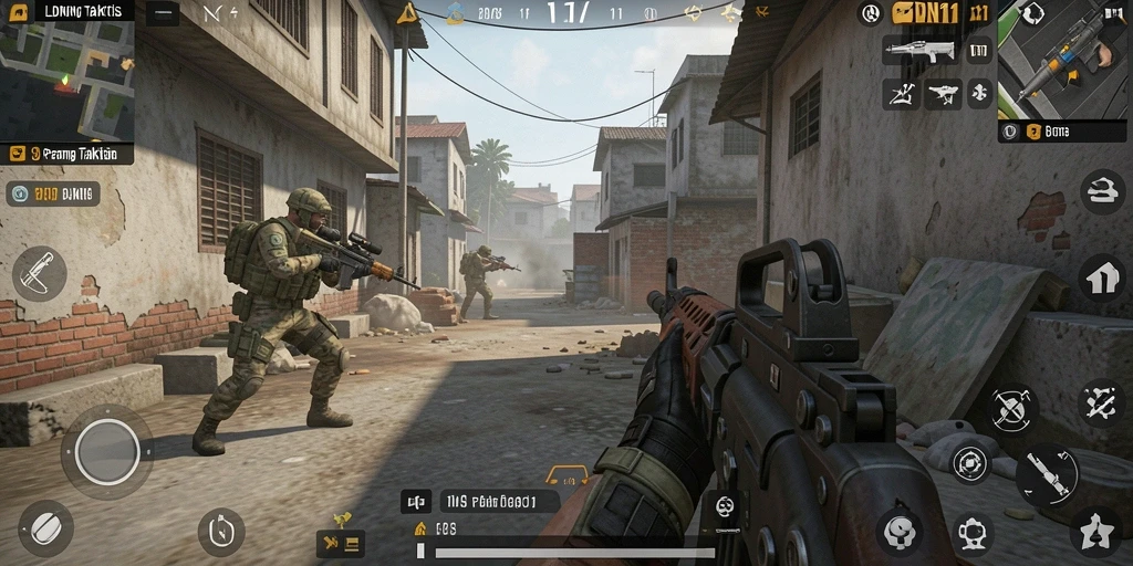Screenshot utama LDN11 menampilkan aksi intens dalam game FPS.
