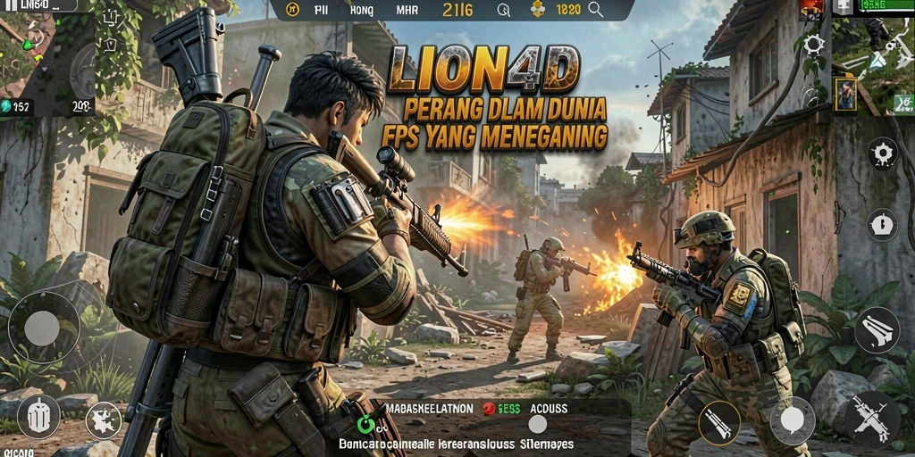 Screenshot gameplay LION4D menampilkan aksi menembak yang intens di arena perang.