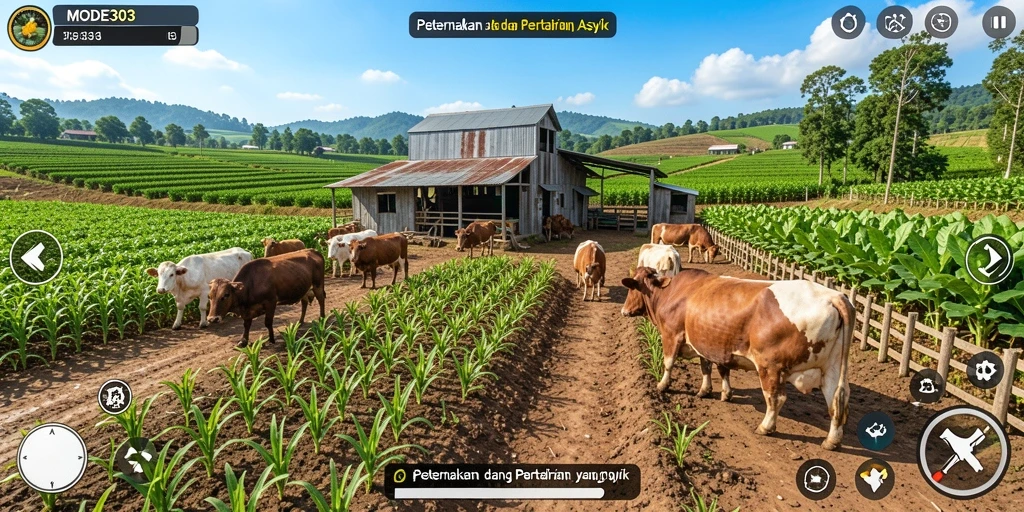 Screenshot gameplay MODE303 yang menunjukkan aktivitas pertanian yang menyenangkan.