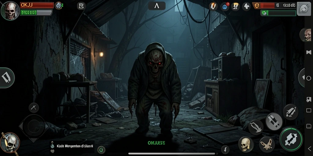Screenshot menampilkan suasana menyeramkan dari gameplay OKJK.