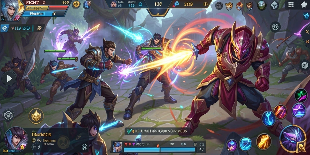 Gameplay RICH7 yang menarik di arena pertarungan.