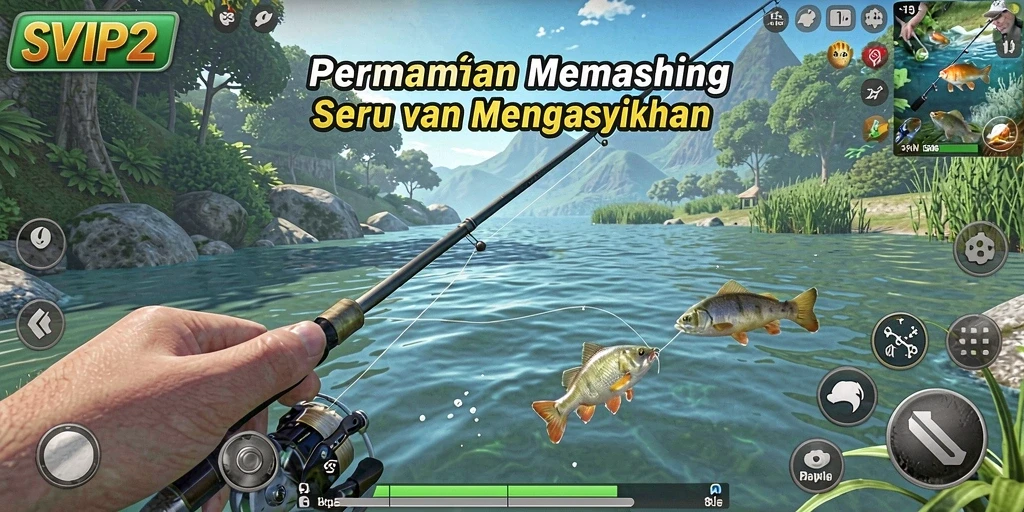 Screenshot gameplay SVIP2 menampilkan aksi memancing yang mendebarkan.
