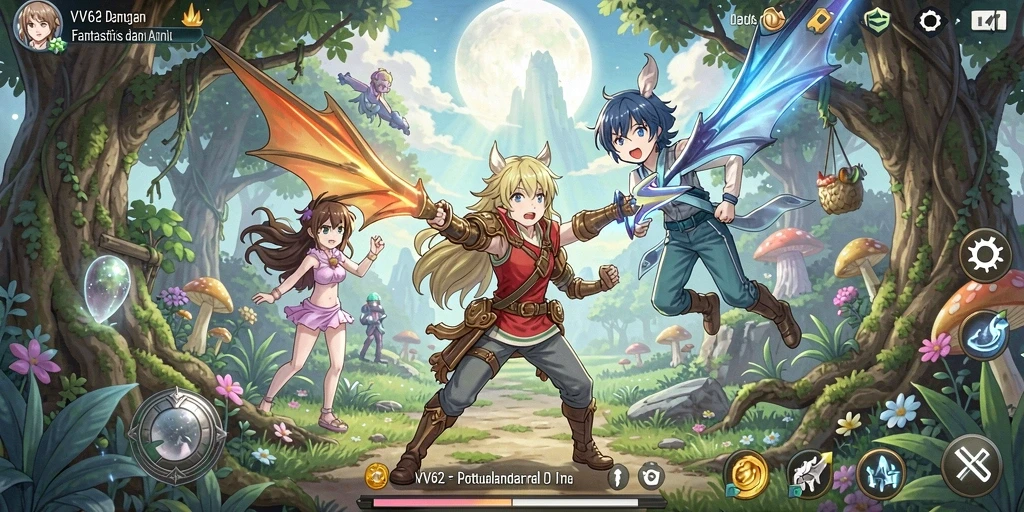 Screenshot dari gameplay menarik di VV62 menunjukkan aksi karakter anime.